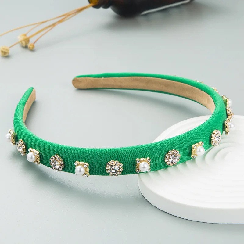 Thin crystal headband - Designer Headband - Spring Headband - Jeweled Headband - Crystal Headband - Womens Headband - Green Headband