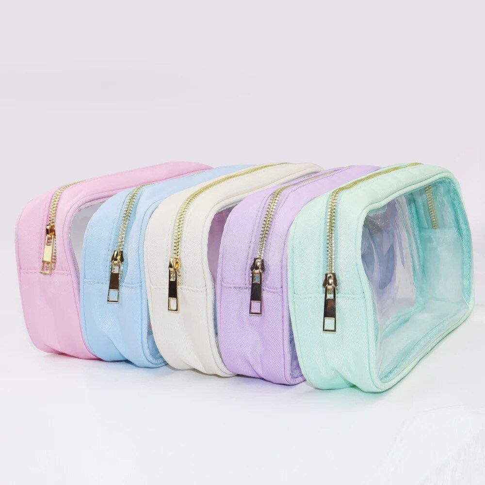 LARGE clear cosmetic bags - clear toiletry pouch - nylon bag - toiletry bag with patches - clear travel bag