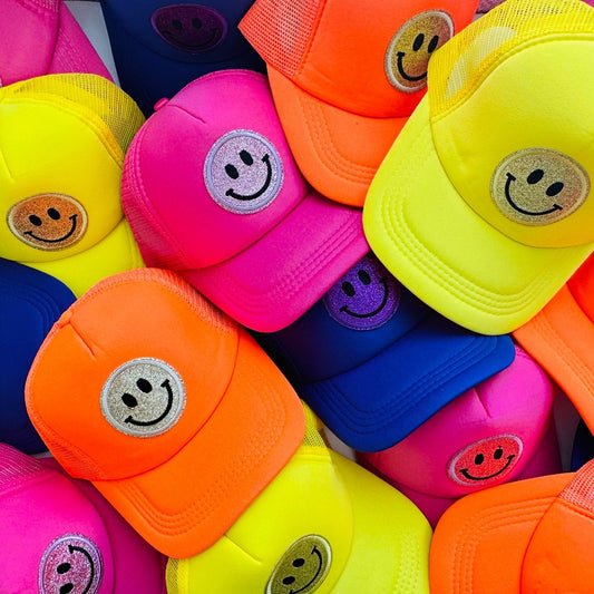 Smiley face trucker hat - glitter happy face hat - spring break hat - bachelorette party hat - girls trip hat - adjustable hat - neon hat